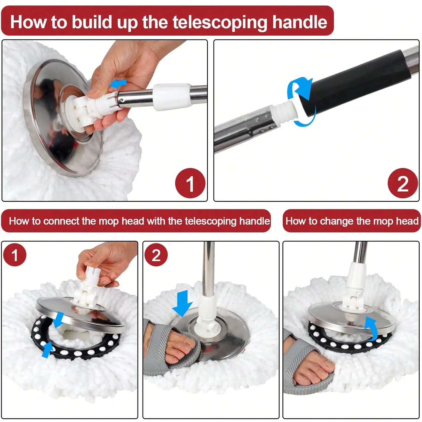 360° Spin Mop & Bucket Set with Stainless Steel Wring Basket & 3 Microfiber Heads