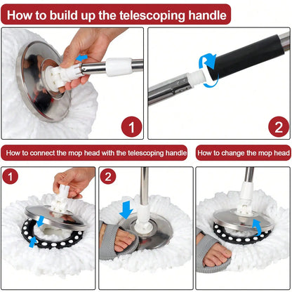 360° Spin Mop & Bucket Set with Stainless Steel Wring Basket & 3 Microfiber Heads