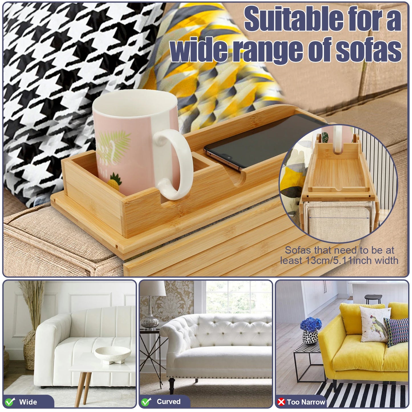 Foldable Bamboo Sofa Armrest Cup & Storage Tray