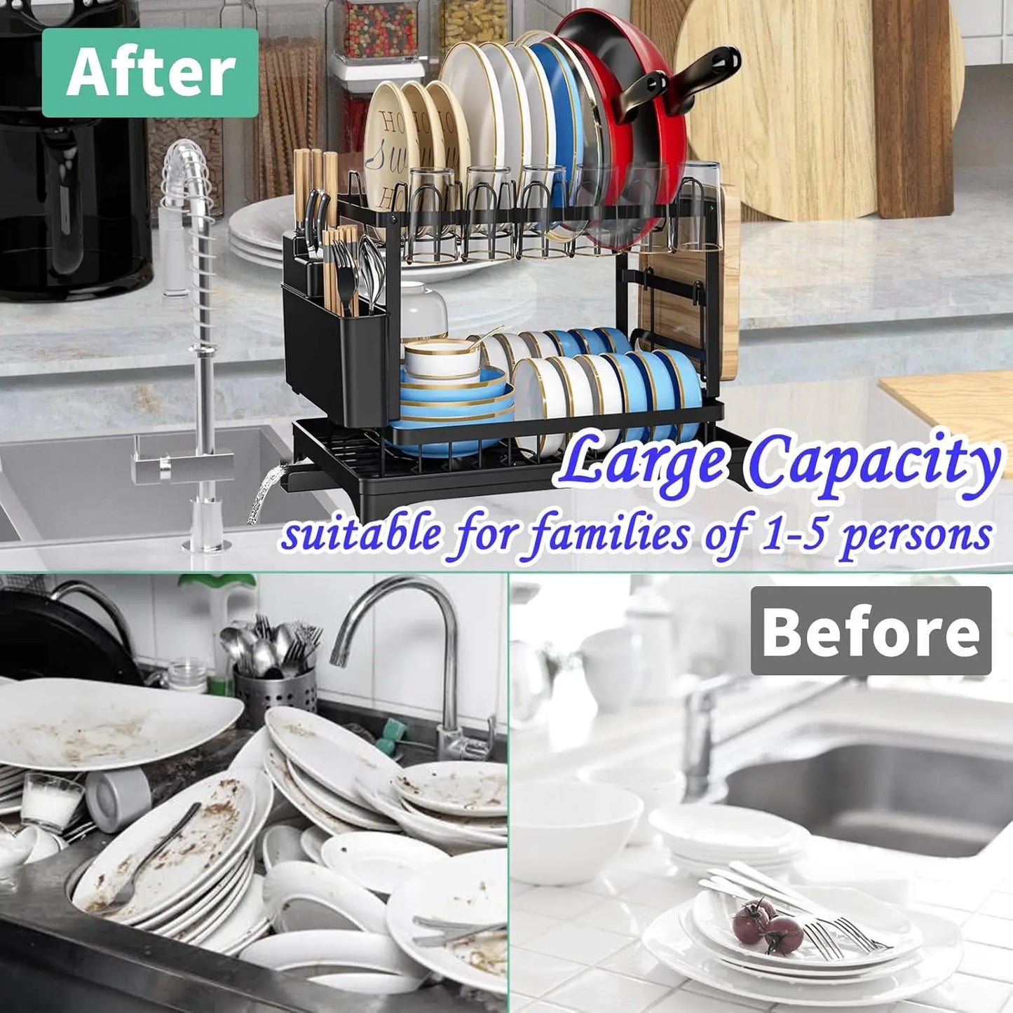 2-Tier Kitchen Countertop Dish Drying Rack with Drip Tray