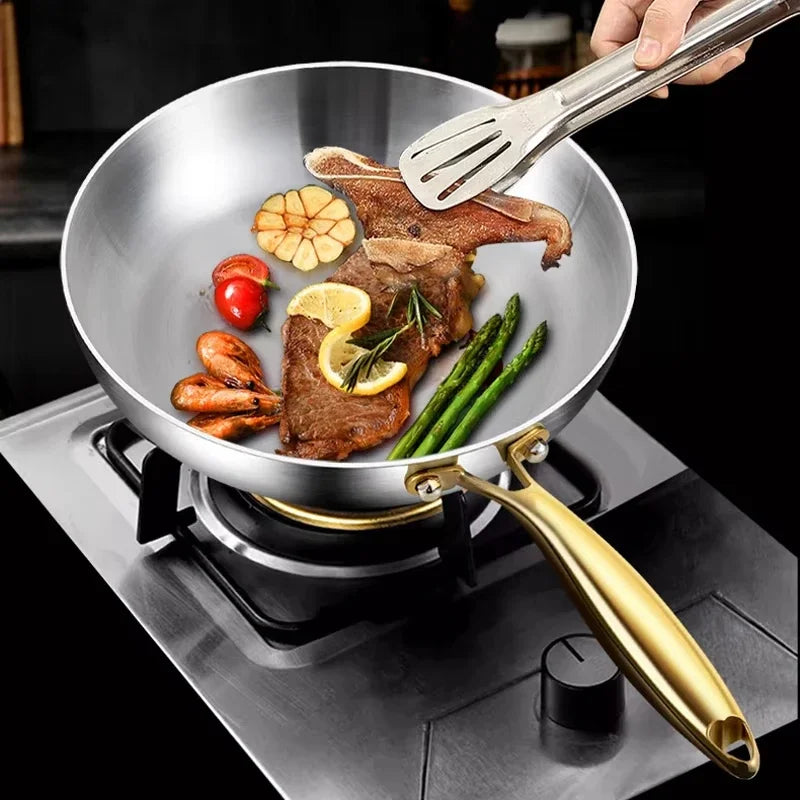 KEMORELA 316 Stainless Steel Frying Pan With Golden Handle Wok Pan Nonstick Cooking Fried Steak Gas Stove Pot Universal Pan