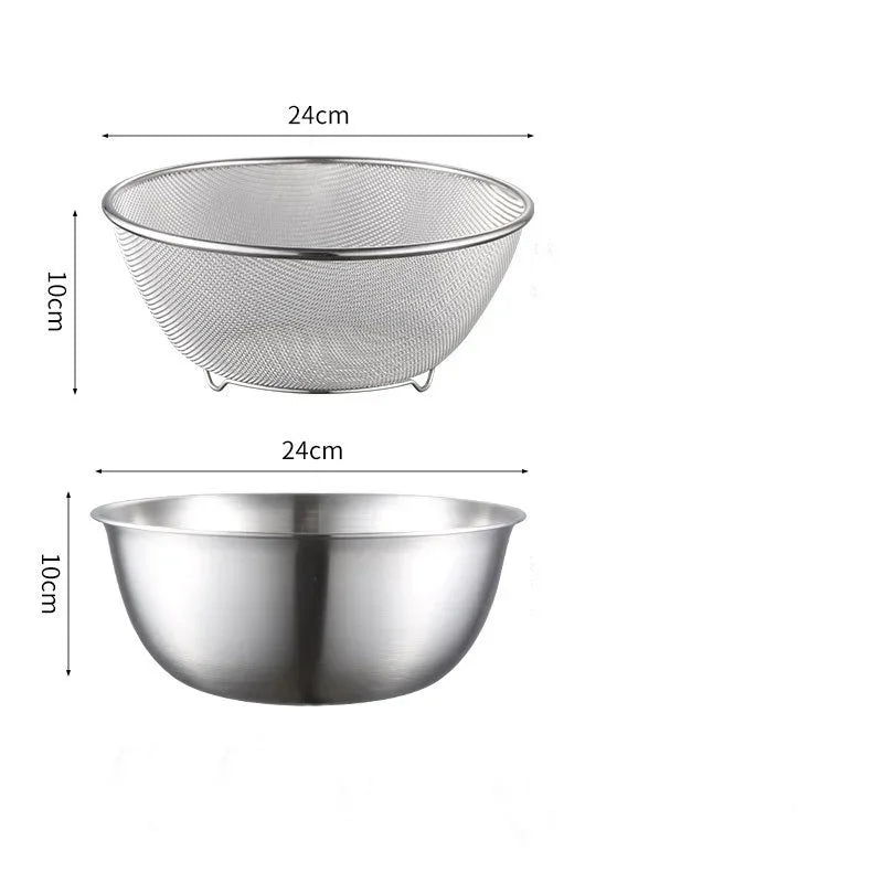 Stainless Steel Drain Basin 2-piece Set with Scale Storage Basin Strainer Rice Washing Basket Kitchen Fruit Draining Rinsing Set
