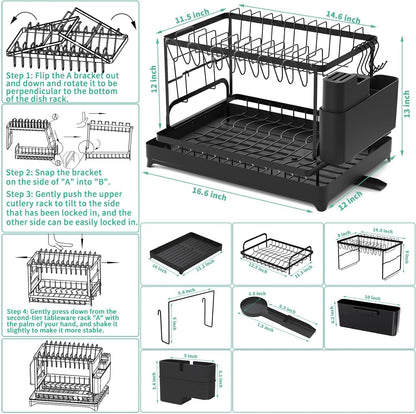 2-Tier Kitchen Countertop Dish Drying Rack with Drip Tray