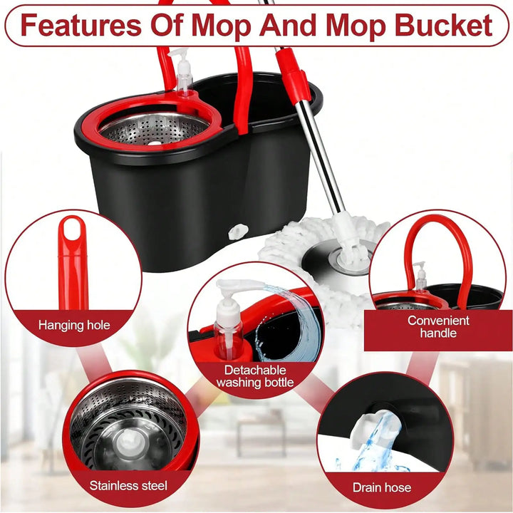 360° Spin Mop Bucket Sets with Wring System in 3 Microfiber Heads, Stainless Steel Basket 61" Extended Handle Floor Cleaning