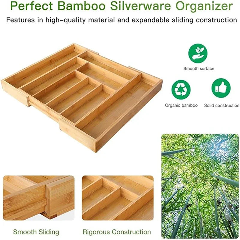 Expandable Bamboo Cutlery Drawer Organizer – Adjustable Wooden Tray