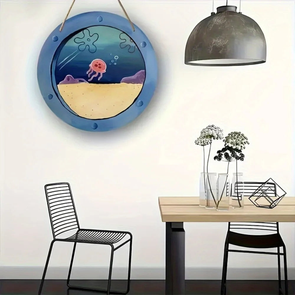 Charming Jellyfish Ocean Theme Wooden Signage -8 Inch Round Country Style Farmhouse Decoration for Kitchen and Cafe Wall