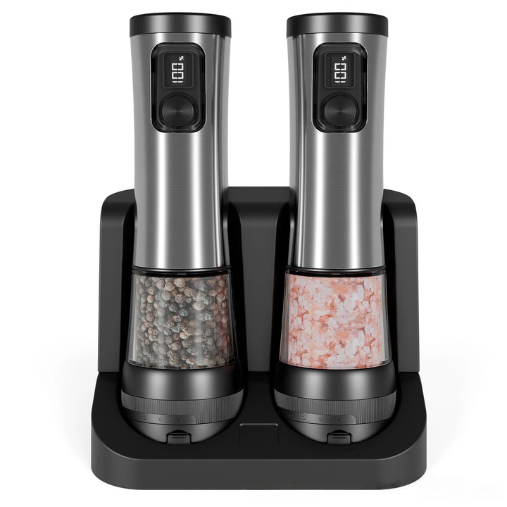 Electric Automatic Pepper Salt Grinder Set with Rechargeable Base LED Electricity Indicator Adjustable Coarseness for Kitchen