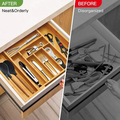 Expandable Bamboo Cutlery Drawer Organizer – Adjustable Wooden Tray