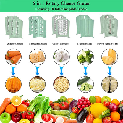 5-in-1 Rotary Cheese & Vegetable Grater with Handle and Suction Base