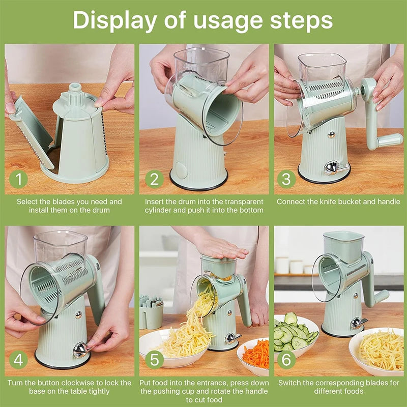 5-in-1 Rotary Cheese & Vegetable Grater with Handle and Suction Base