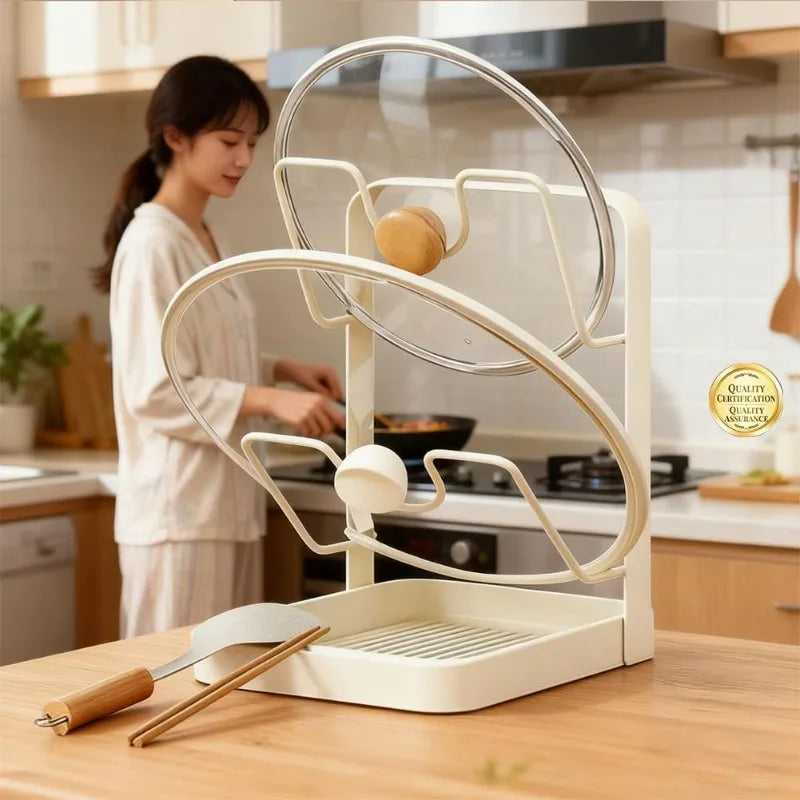 Kitchen Pot Lid Organizer Rack with Drip Tray for Pans & Covers